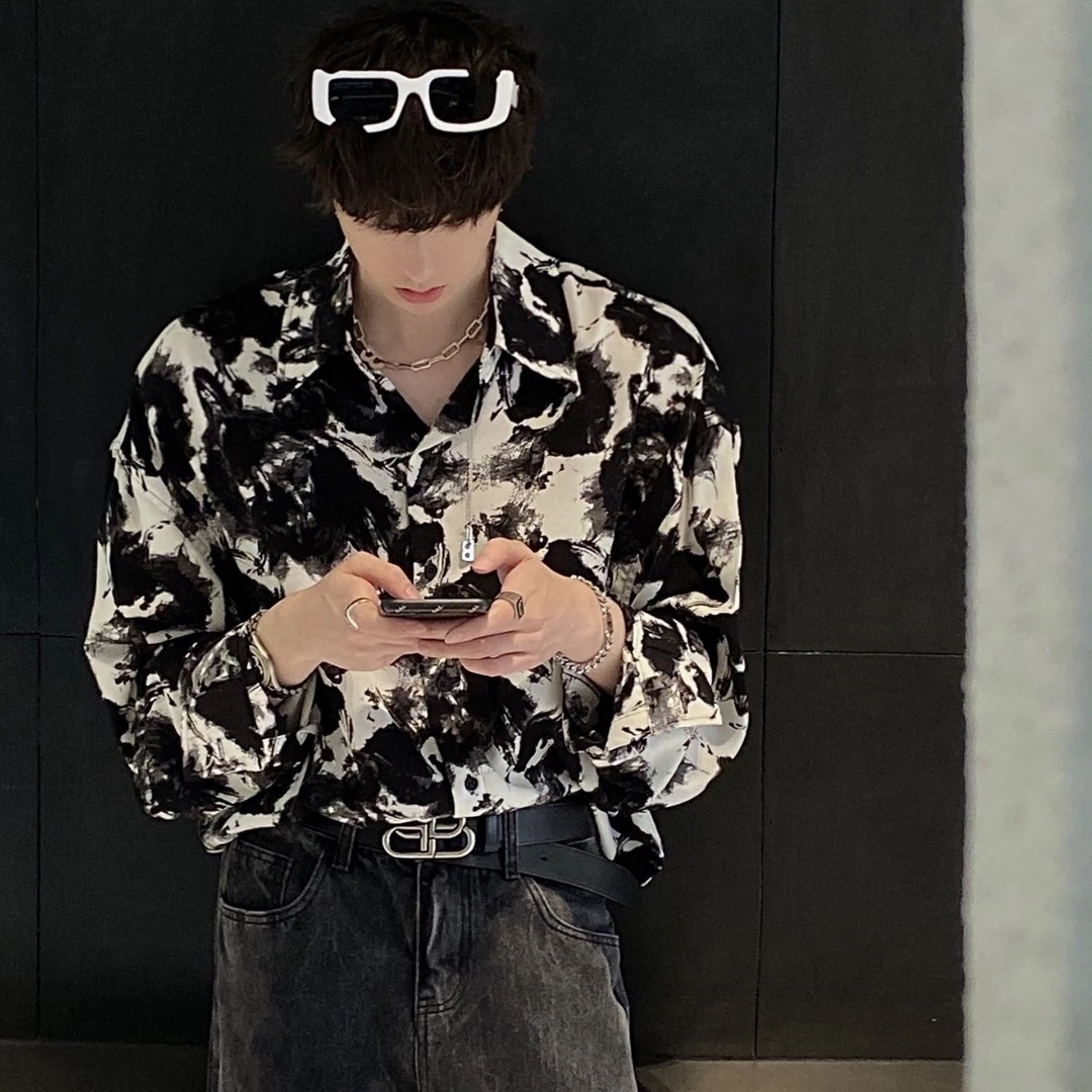 垂感衬衫潮痞帅韩版衬衣高级感宽松长袖春秋季扎染复古衬衫男