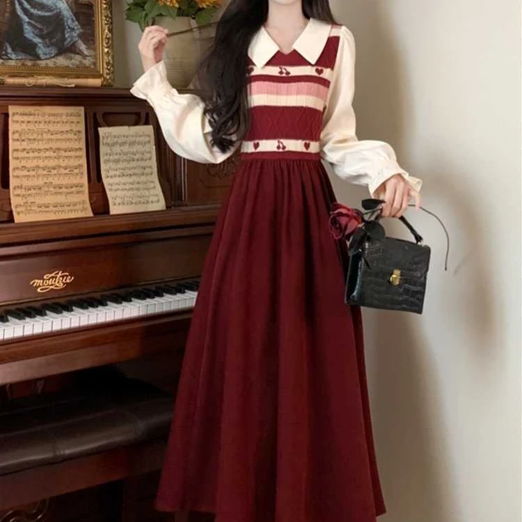 法式复古红樱桃爱心减龄针织连衣裙秋冬大码高级感假两件拼接长裙
