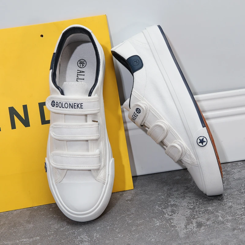 黑色魔术贴帆布潮鞋男懒人一脚蹬不系带布鞋潮流百搭休闲板鞋春秋