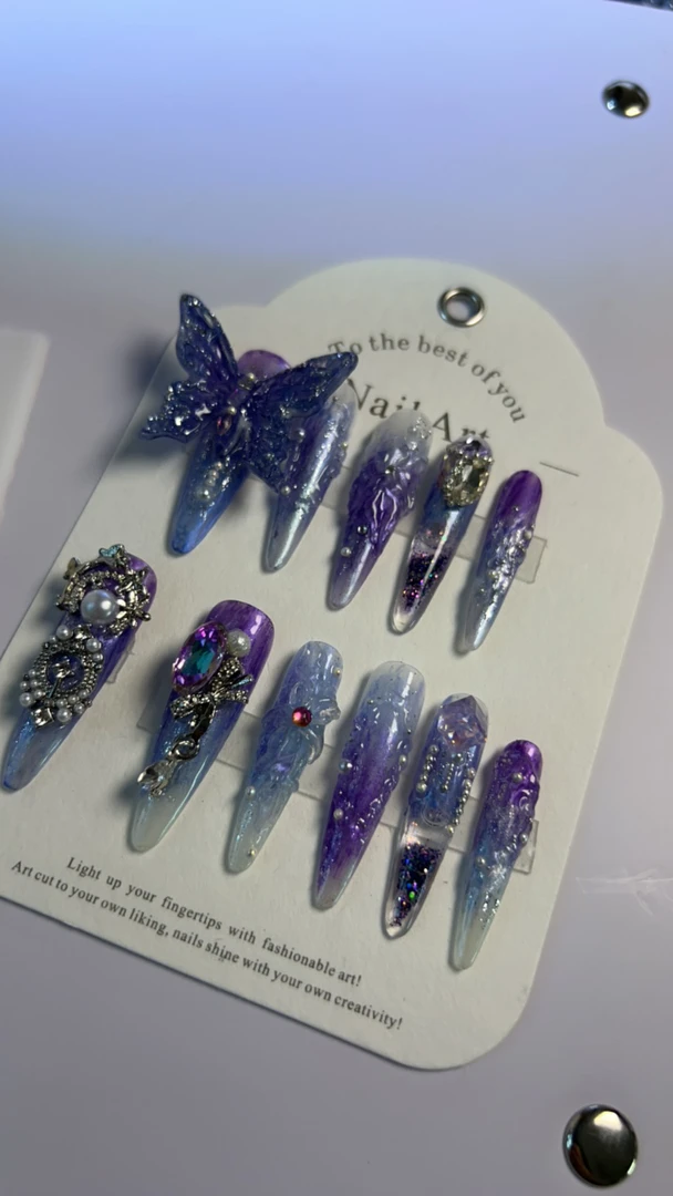 流麻甲流沙牛仔蓝大蝴蝶纯手工轻奢穿戴甲