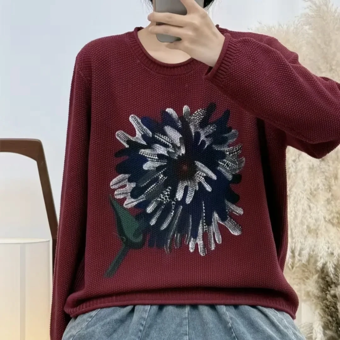 2025新款圆领百搭宽松长袖印花打底上衣秋冬厚款针织衫套头毛衣女