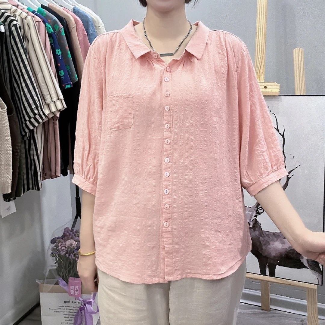 2025夏季短袖纯色衬衫减龄新款宽松上衣复古文艺休闲百搭翻领衬衣
