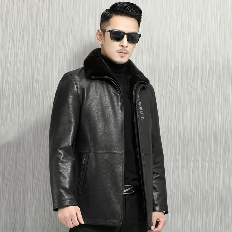 海宁丝诺男装男士男款休闲中长款加绒保暖皮毛一体中老年时尚真皮