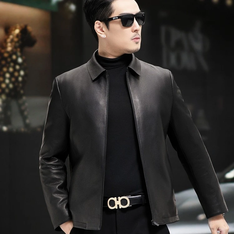 海宁丝诺男装短款时尚休闲翻领修身秋冬男士真皮商务百搭黑色潮流