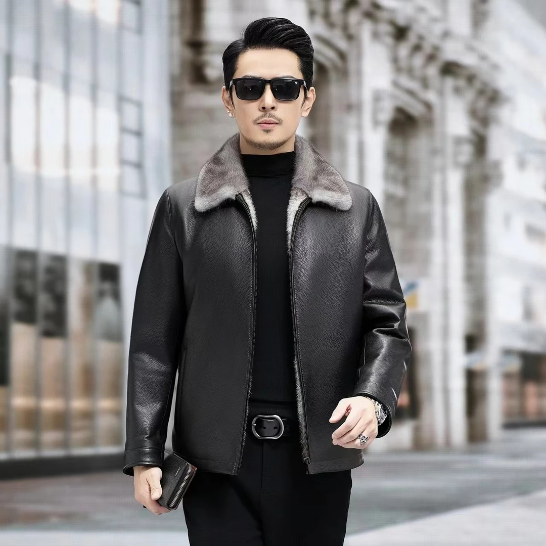 海宁丝诺男装  鹿皮十字貂秋冬男士皮毛一体翻领中年时尚冬款保暖
