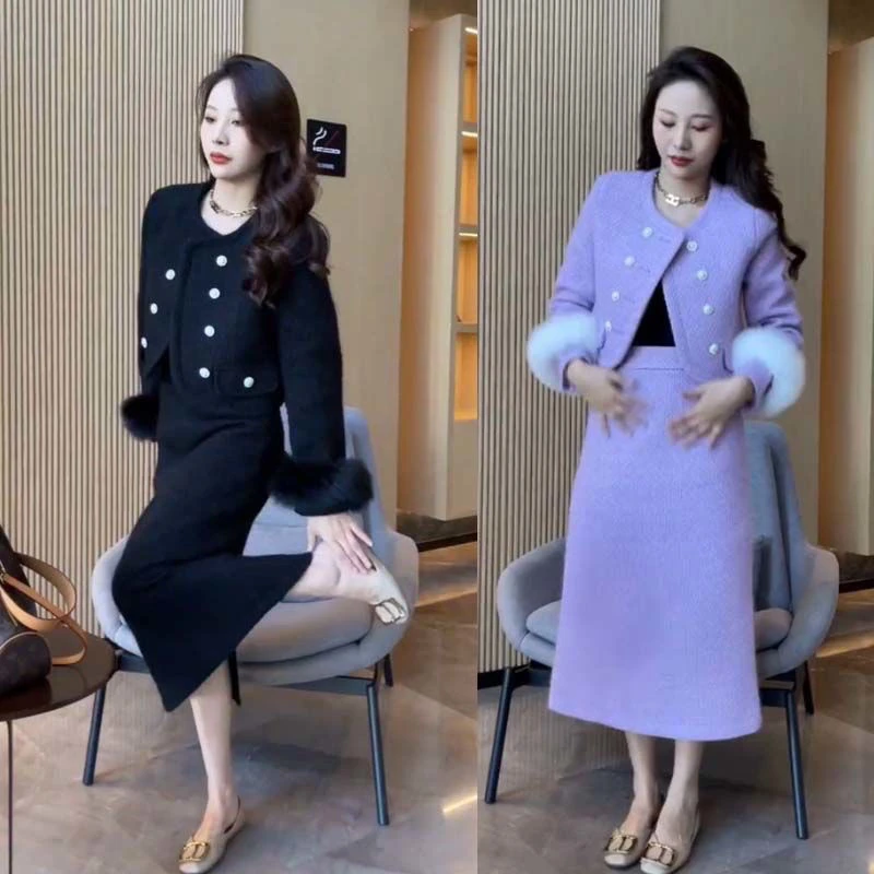 2024秋冬加厚加棉名媛小香风套装女毛呢外套短款上衣半身裙两件套