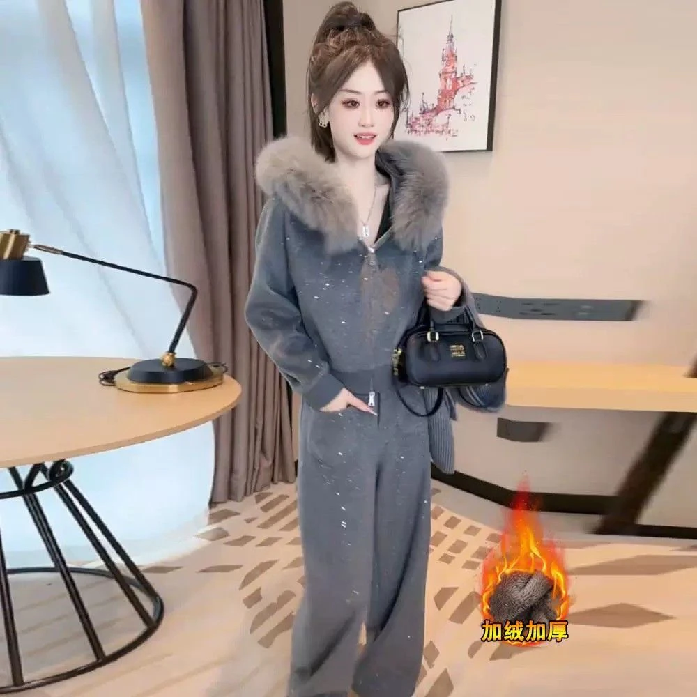 2824时尚套装韩版加绒宽松百搭套装加厚休闲显瘦冬装洋气俩件套