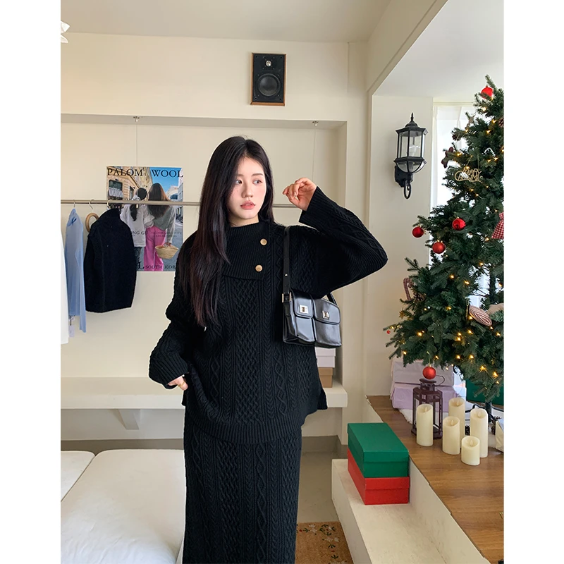 QC杨杨-微胖大码设计感翻领毛衣流苏半身裙女冬T套装XS311D53