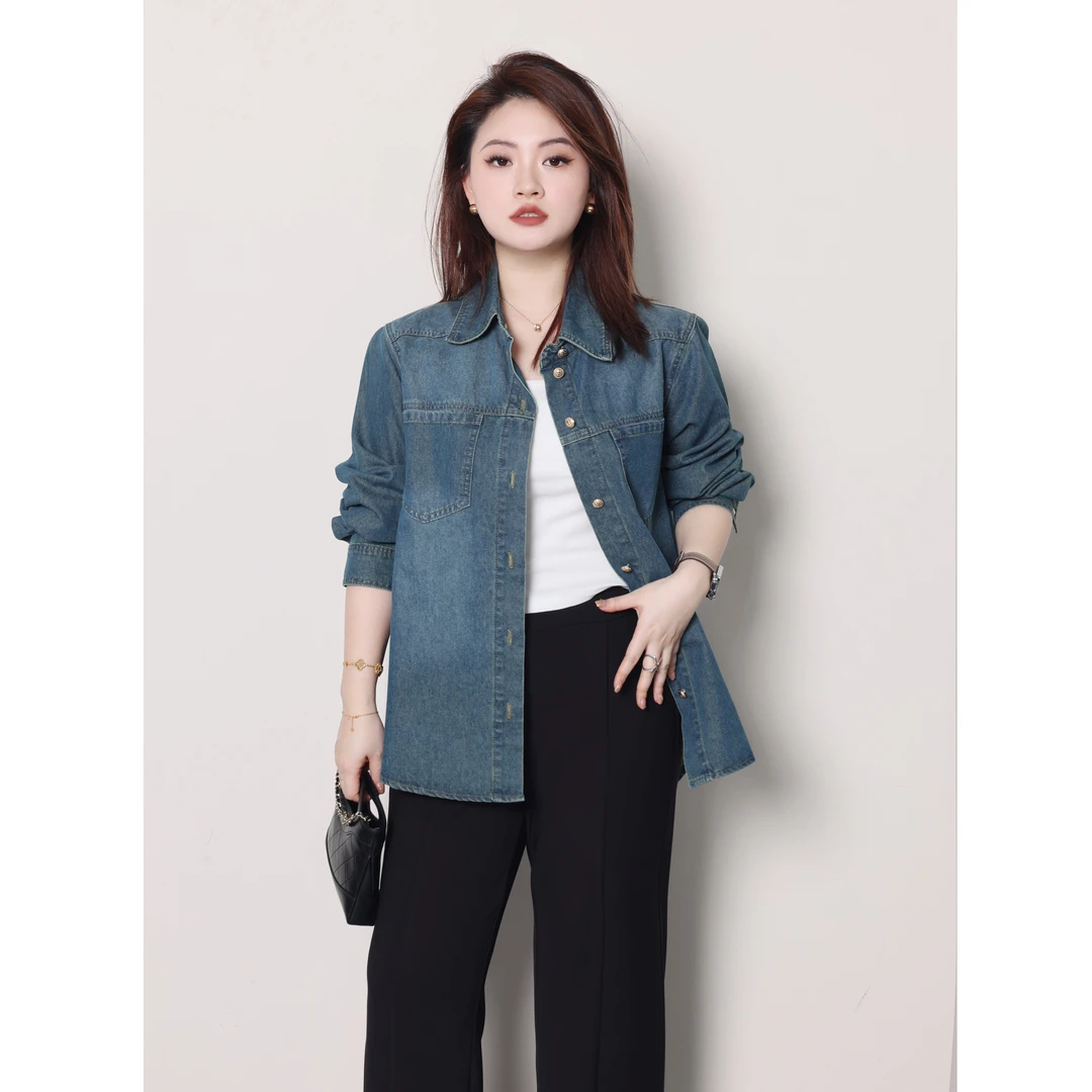 QC杨杨【蓝调美学】微胖大码女春气质百搭复古牛仔衬衫 ZY310J88