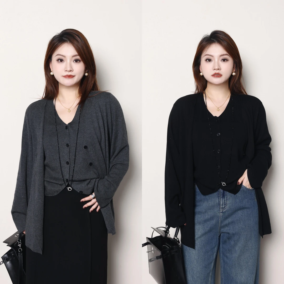 裂渡杨杨【长谷深风】微胖大码女早秋开衫马甲针织两件套ZY408H05/6