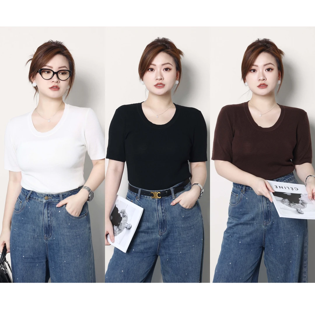 裂渡杨杨【若无】微胖大码女夏季U领修身显瘦针织毛打底T恤ZY405K79