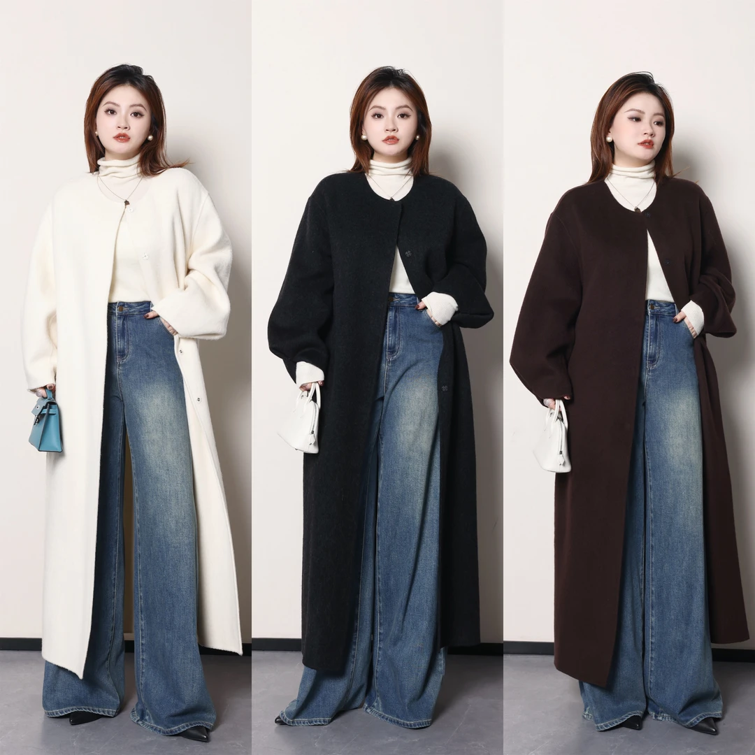 QC杨杨【羊腿袖大衣】微胖大码女冬时尚气质长款双面呢大衣ZY3716