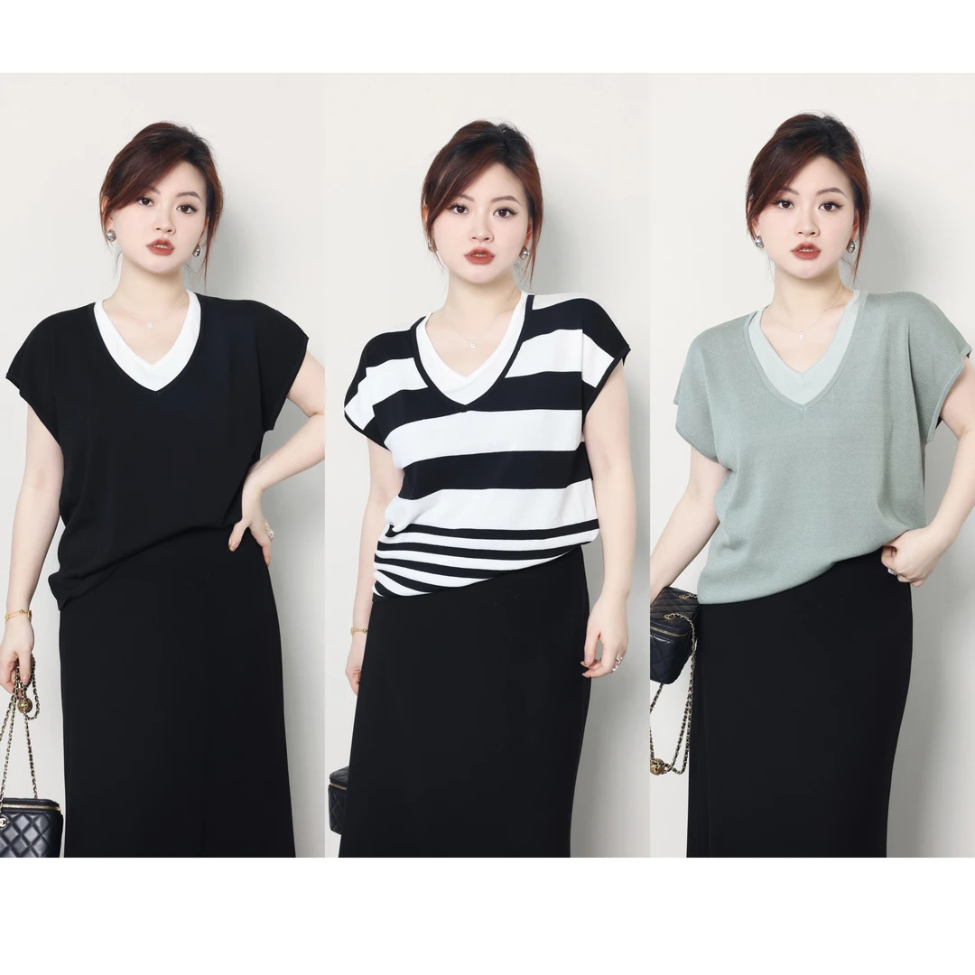 QC杨杨【里约书店】微胖大码女夏通勤百搭假两件针织T恤ZY404L72