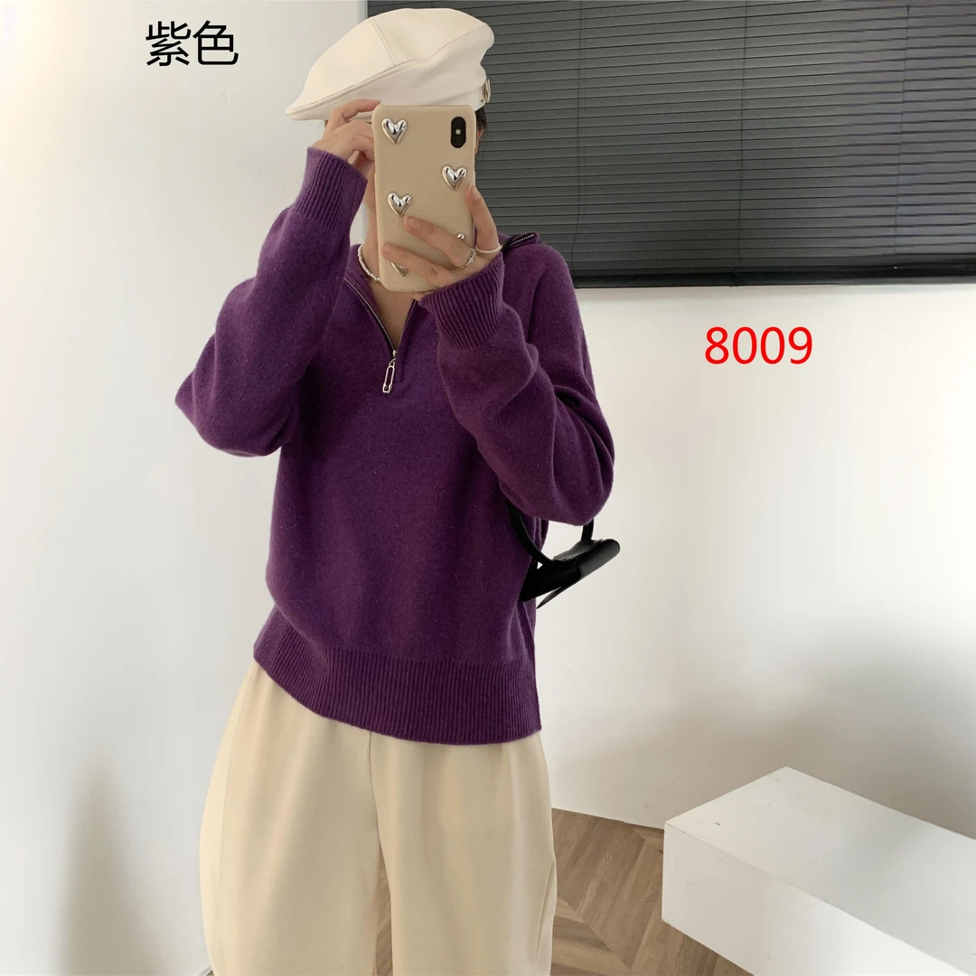 2024新款100%全羊毛复古高领立领烫钻半拉链羊毛毛衣女冬针织衫