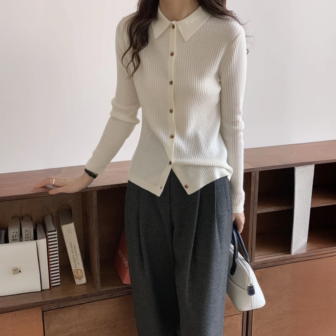 polo领开衫100%美丽诺羊毛早秋新款针织女毛衣外套长袖打底毛衣