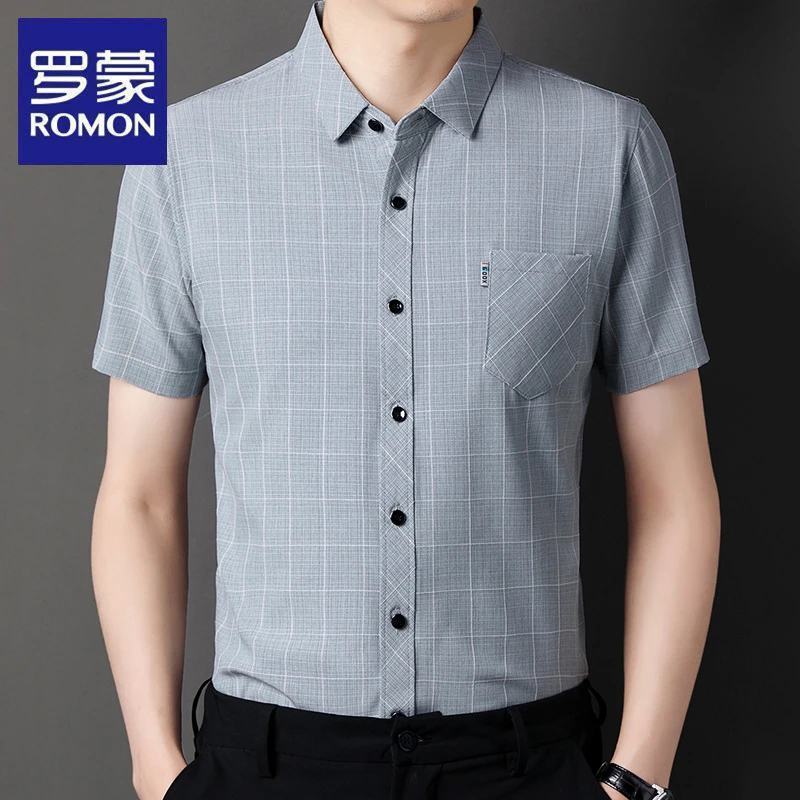 罗蒙夏季男士高档寸衫短袖休闲印花格子衬衫薄款轻奢商务潮寸衫潮