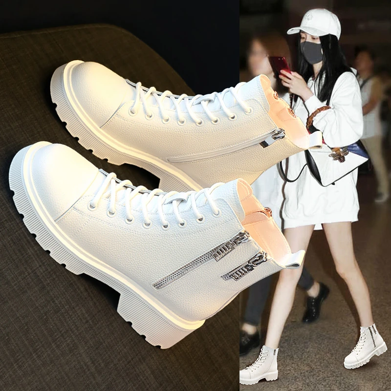 侧拉链马丁靴女2023秋冬新款百搭加绒保暖英伦风靴子厚底防滑短靴