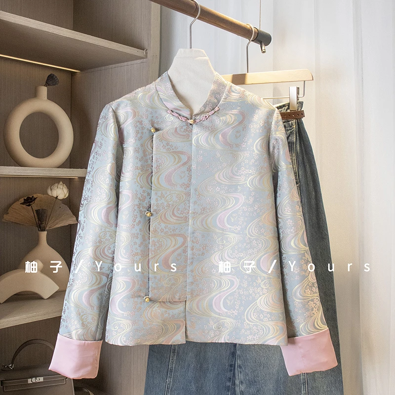 柚子Yours【曲水桃花】秋季 李德喜三重纬宋锦中式斜襟立领外套