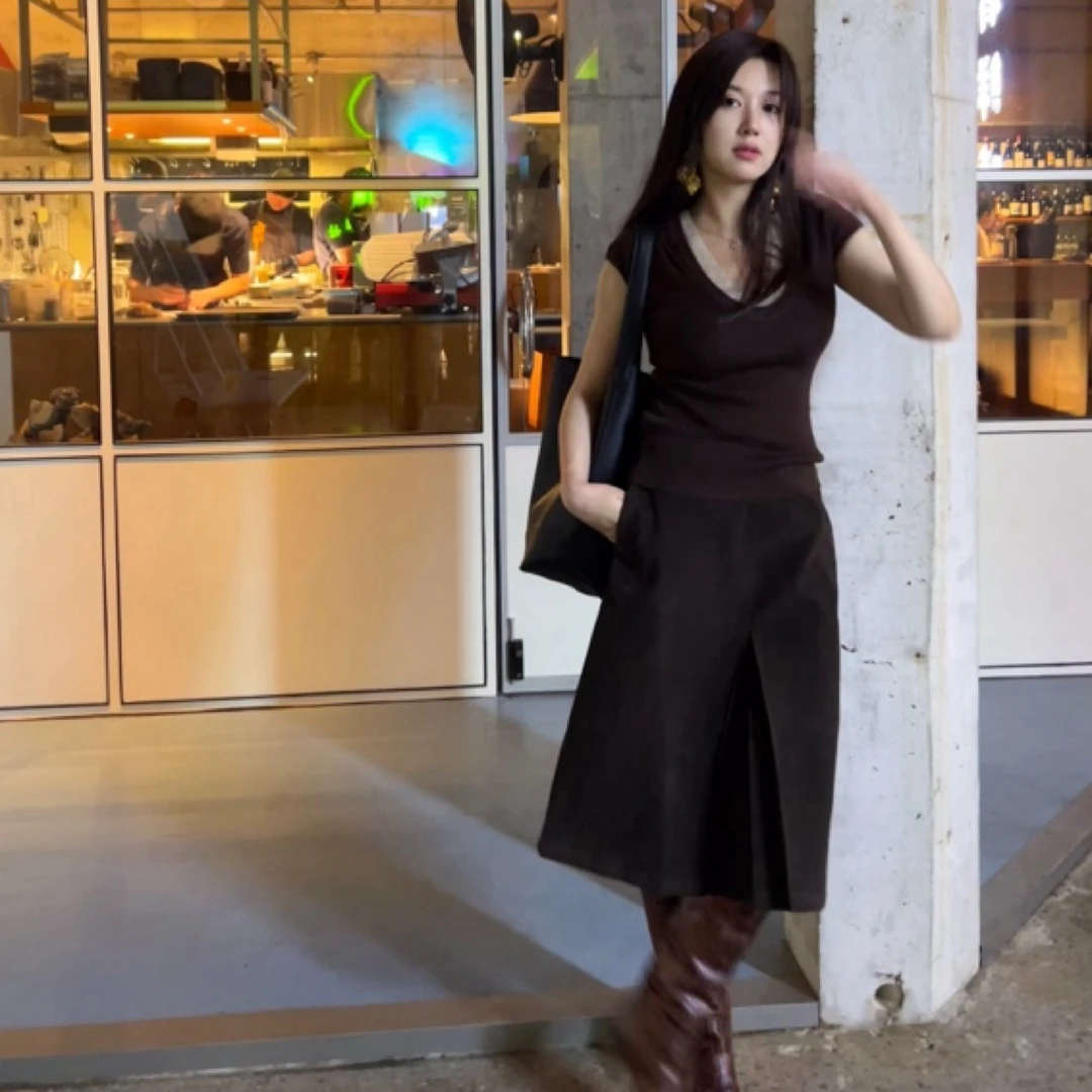 擦色复古压褶半裙复古A型显瘦