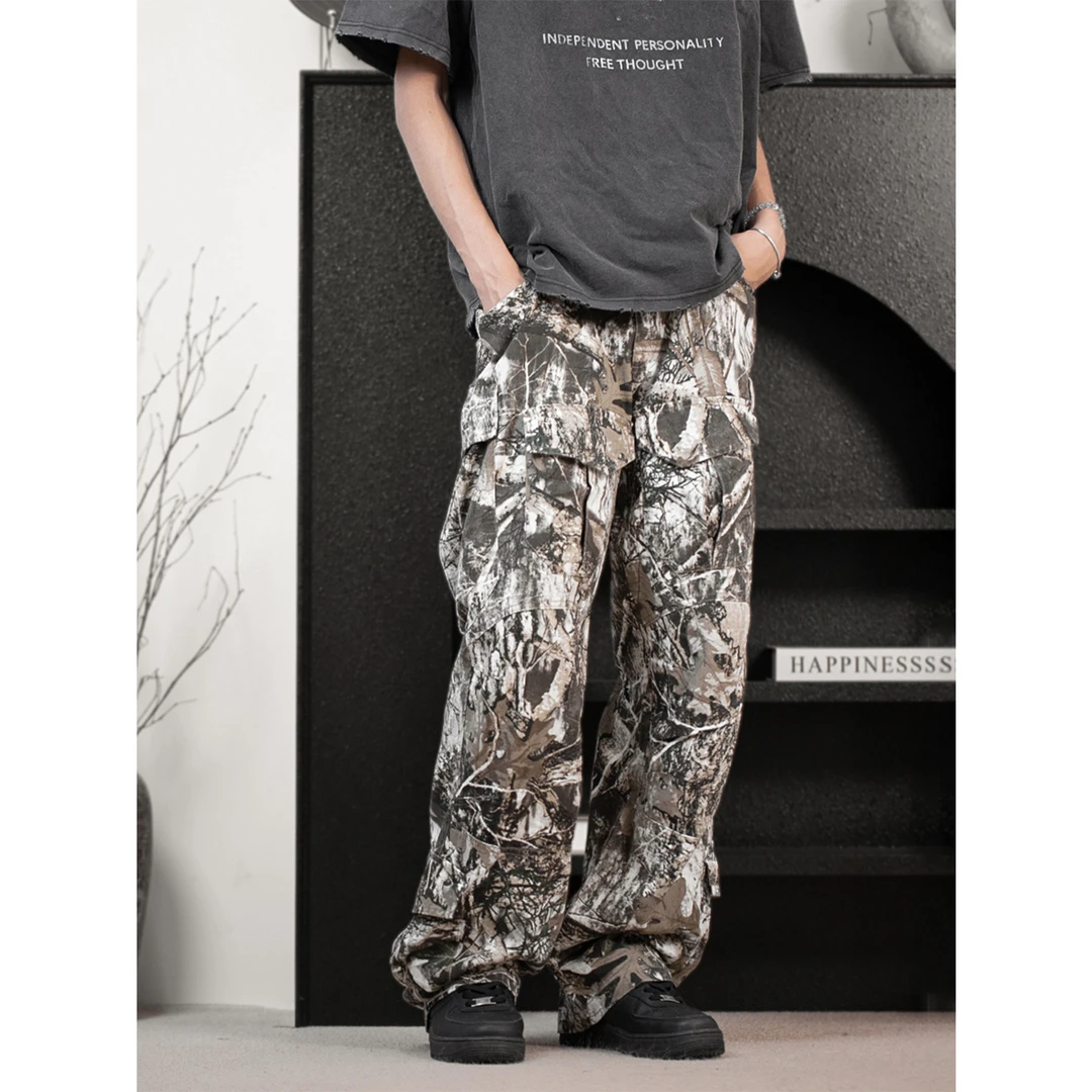 GANGURRU美式水洗做旧树枝纹迷彩裤多口袋宽松直筒休闲裤vintage