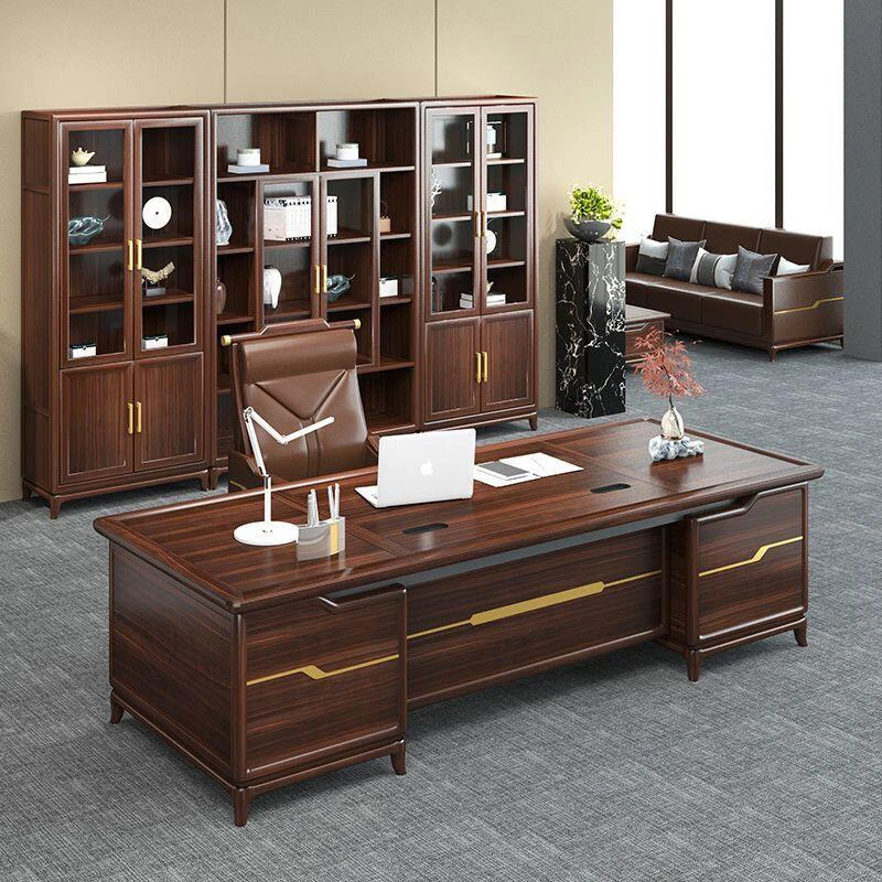 新中式北美黑胡桃木办公桌椅组合实木老板桌大班台轻奢办公桌定制