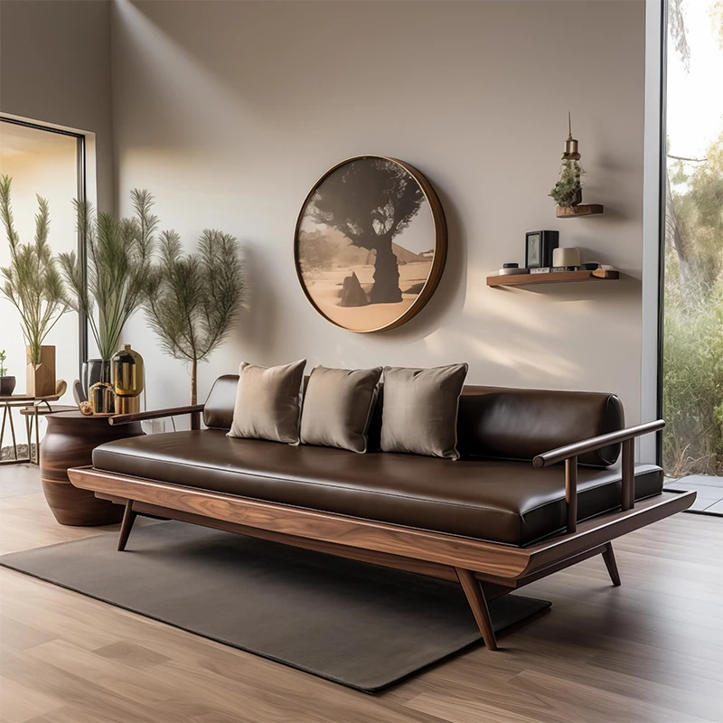 新中式北美黑胡桃木沙发直排真皮家用客厅高级感禅意罗汉床贵妃榻