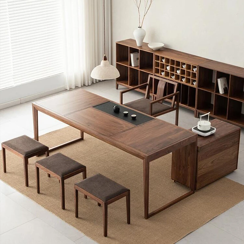 新中式北美黑胡桃木茶桌轻奢简约禅意功夫泡茶台办公家用茶室定制