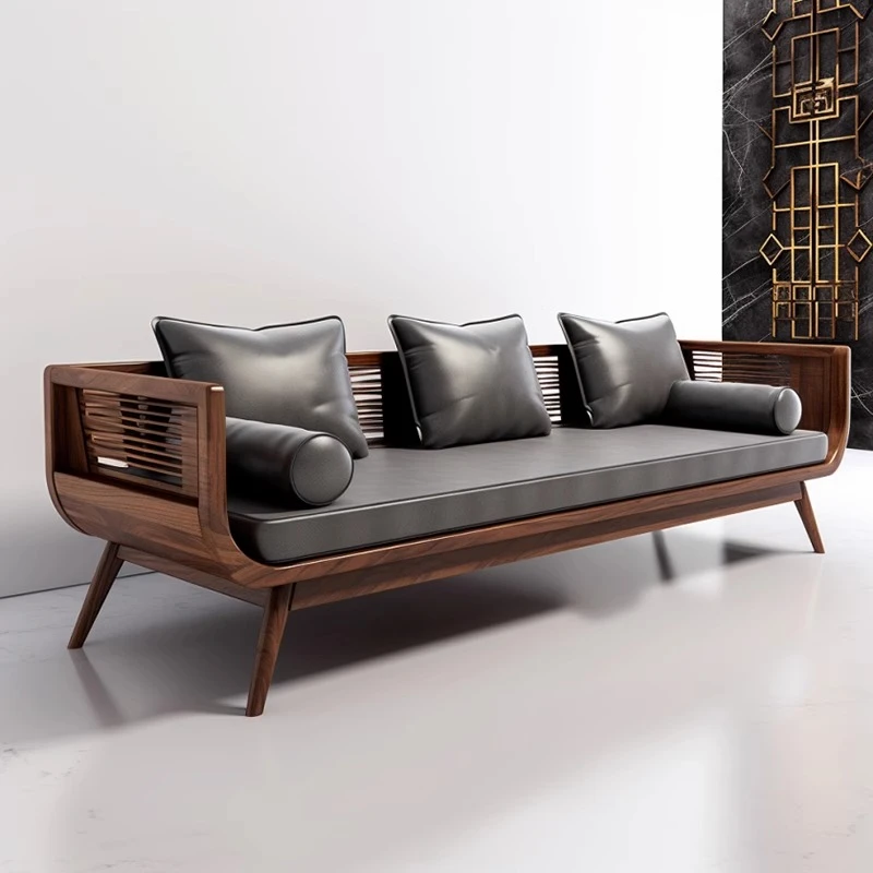 新中式罗汉床塌客别墅厅现代实木沙发北美黑胡桃木简约直排三人位