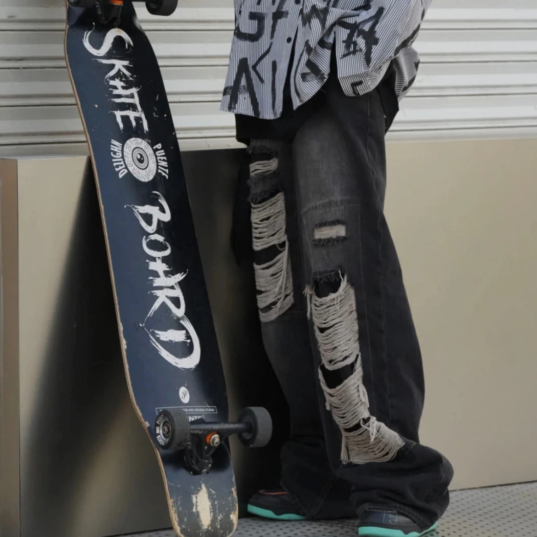 美式街头贴布破洞设计感小众牛仔裤宽松直筒长裤子潮流男女韩版