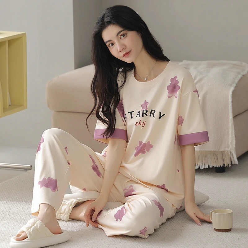 2024新款纯棉夏季女士纯棉短袖长裤睡衣宽松家居服套装YZT9712