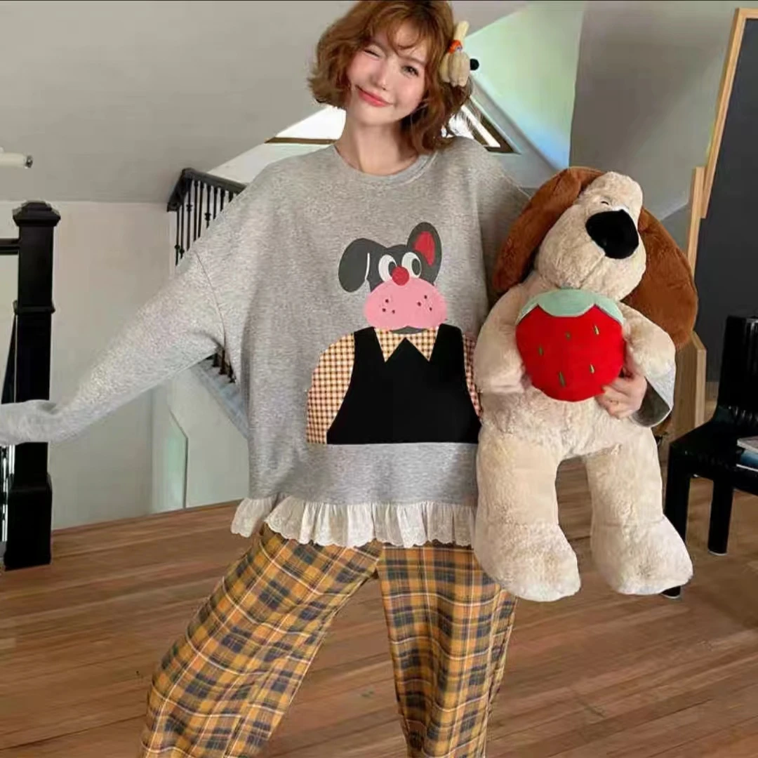 纯棉圆领睡衣女套装秋冬季长袖长裤可外穿套头时尚宽松大码家居服