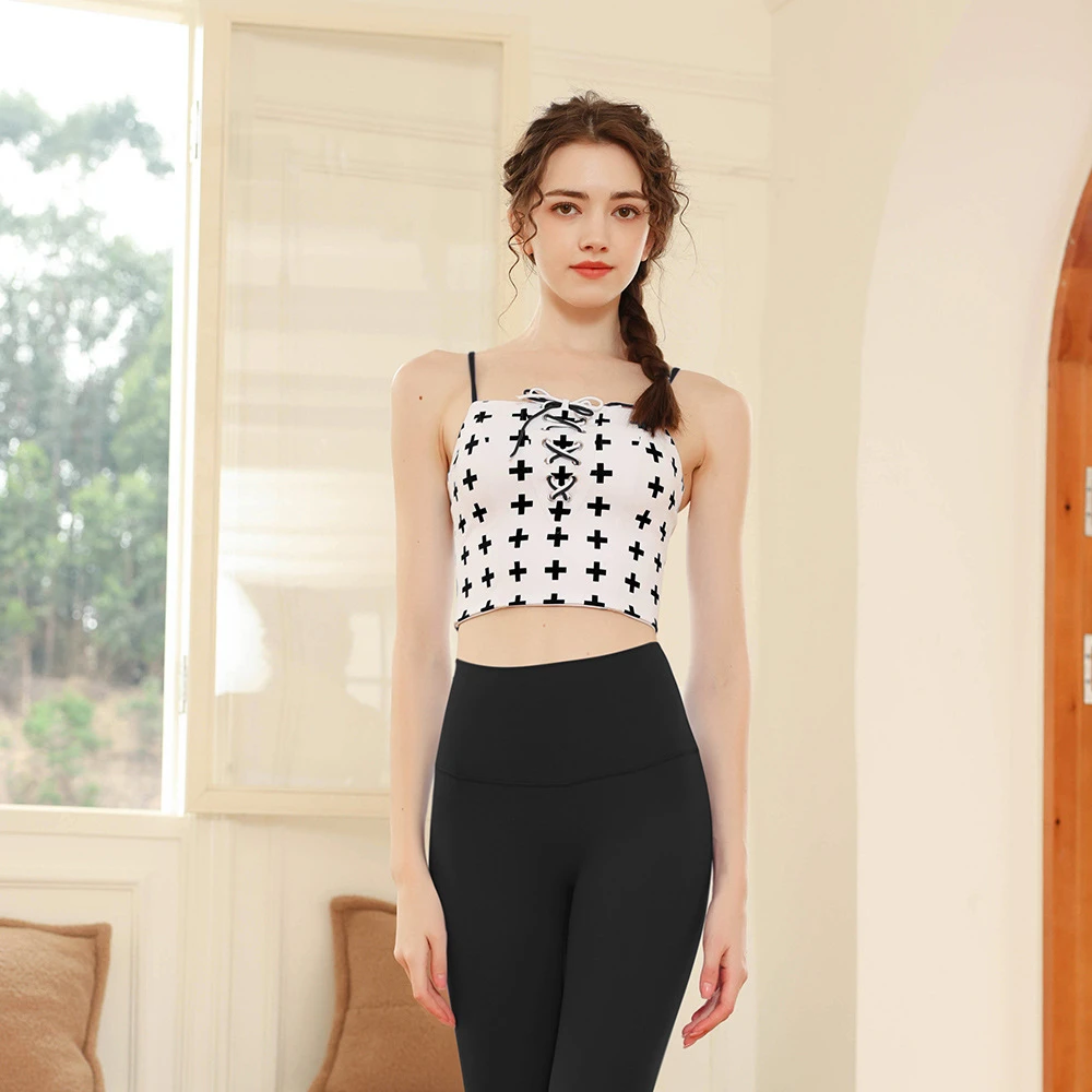 帛扬印花瑜伽服套装女春夏款系带撞色运动健身吊带背心两件套