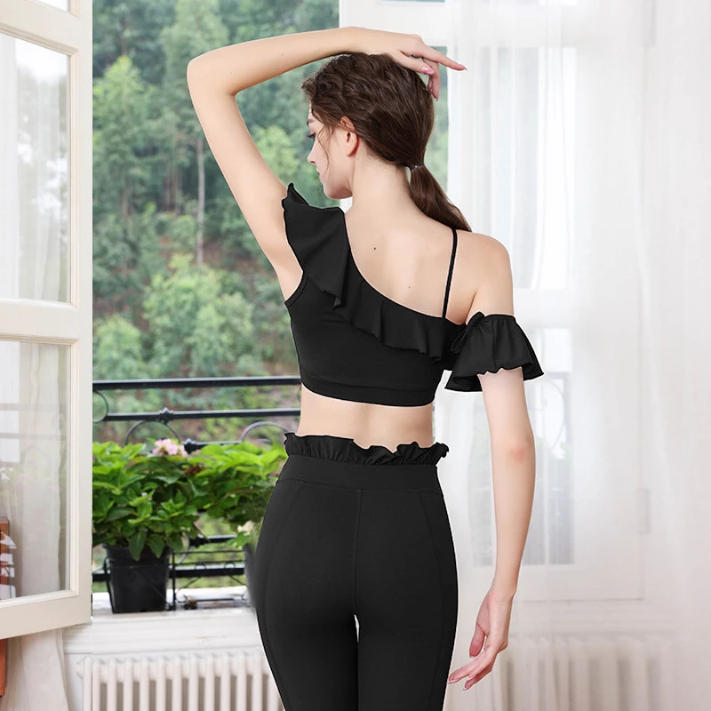 气质瑜伽服套装女秋冬荷叶边仙气斜肩运动上衣裸感瑜伽长裤