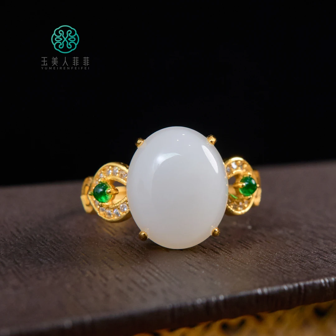 菲菲珠宝好~S925和田玉蛋面可调节戒指约10*12mm