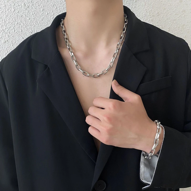 钛钢项链 O型拼接女ins潮街头嘻哈古巴颈链OT扣粗链条男士锁骨链
