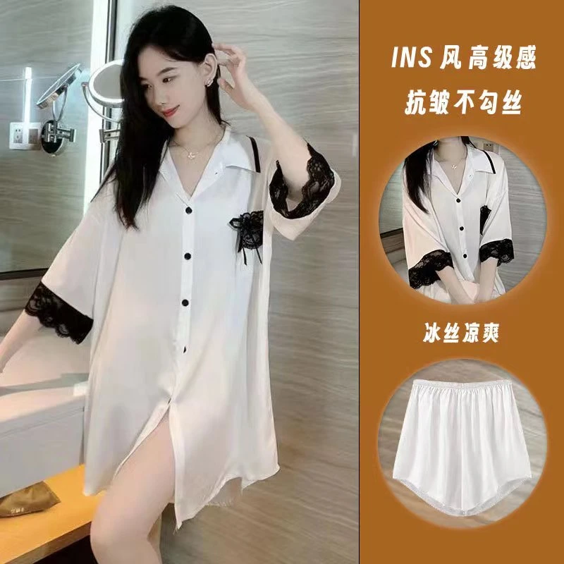 冰丝睡裙女夏季薄款性感短袖宽松衬衫短裤睡衣女士两件套装家居服