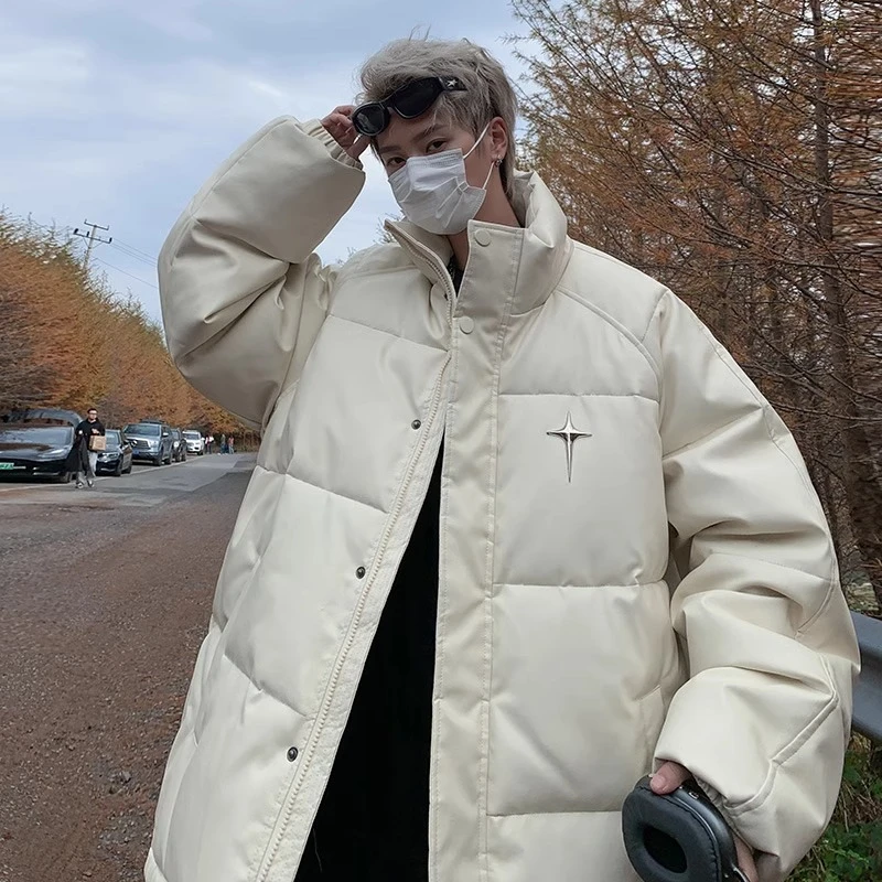 白色pu皮棉服男2024冬季新款立领面包服潮牌加厚棉衣棉袄夹克外套