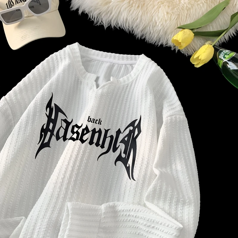 美式高街长袖t恤男士春季新款肌理感休闲卫衣潮流宽松V领打底衫潮