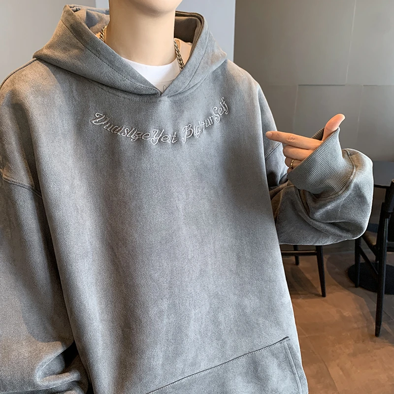 仿麂皮连帽卫衣男2024新款刺绣宽松重磅上衣潮牌潮流美式秋季外套