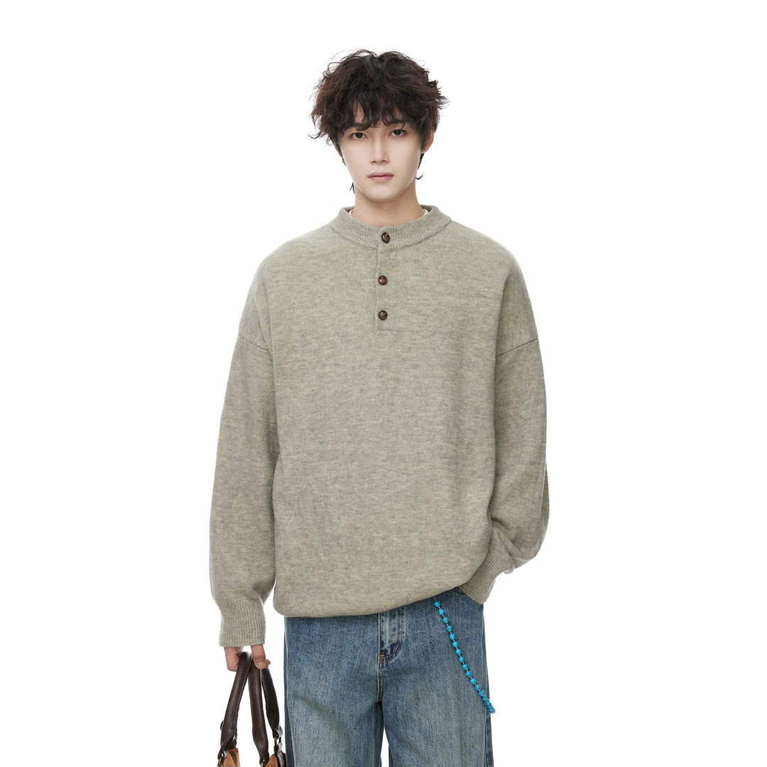 灰色美式亨利领毛衣男秋冬2024新款加厚保暖针织衫外套内搭毛线衣