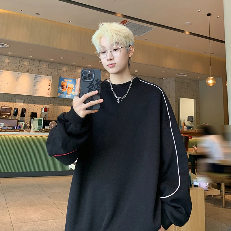 简约线条复古运动卫衣男士秋季高街重磅套头衫ins潮牌圆领长袖T恤