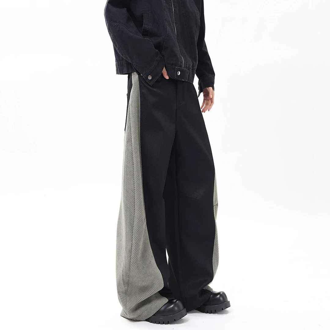 斜纹设计款拼接弯刀休闲裤美式复古欧美裤子男cleanfit阔腿拖地裤