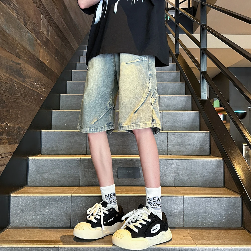 美式褶皱牛仔短裤男生夏季潮牌高街复古工装裤宽松青少年五分中裤