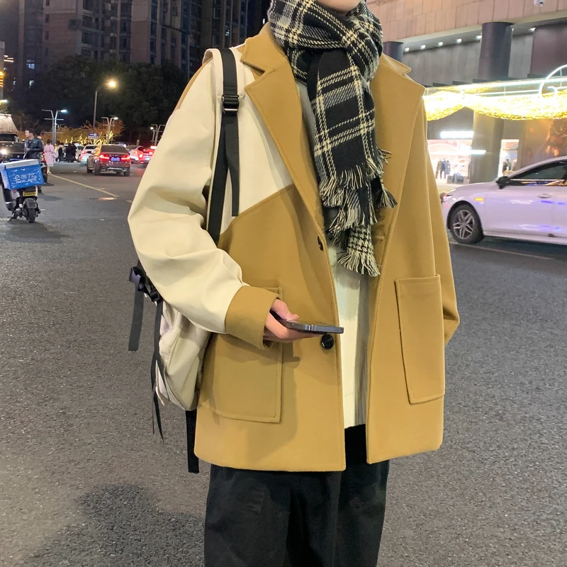 韩版拼接西装毛呢大衣男秋冬季新款时尚夹克潮流保暖加棉呢子大衣