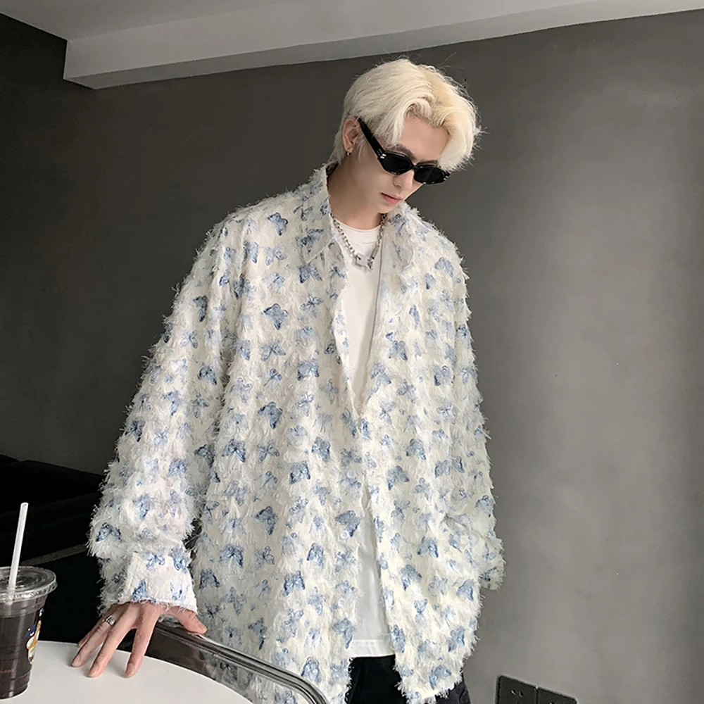 小香风蝴蝶满印长袖衬衫男春秋季2025新款高级感痞帅宽松衬衣外套