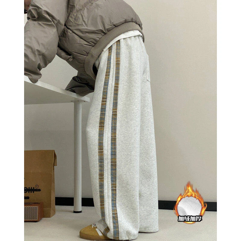 侧边拼接格纹灰色卫裤男款春秋冬季加绒加厚大码男生直筒休闲长裤