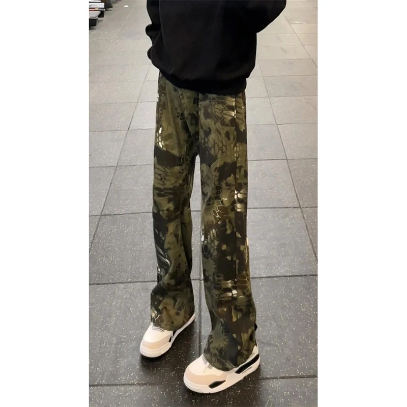 蛇纹迷彩牛仔裤男女款春秋季美式vibe高街小众男士牛仔裤秋冬厚款