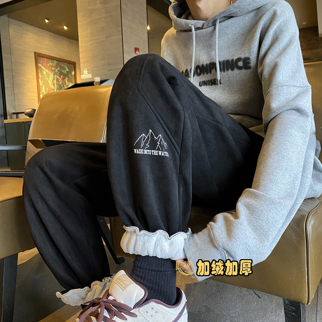 港风束脚休闲裤男冬季加绒加厚保暖运动卫裤美式青少年保暖裤子