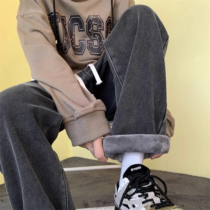 冬季加绒黑色牛仔裤男潮牌vibe直筒加厚休闲裤男士牛仔裤秋冬厚款