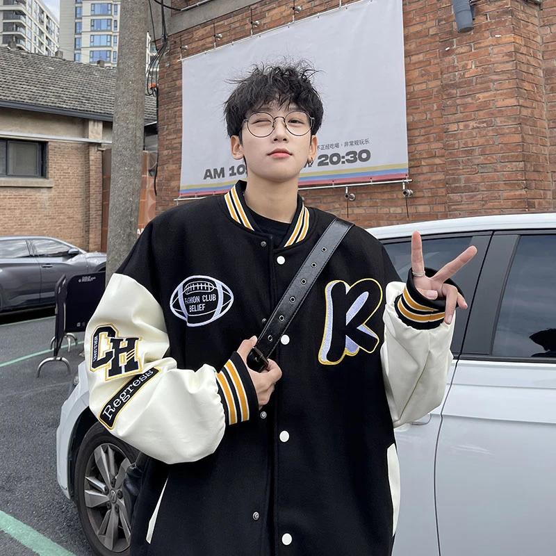 美式拼接球服外套男生2025春季新款休闲复古小众情侣飞行员夹克潮